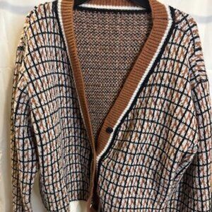 Women’s Geometric Button-Front Cardigan Sweater – Brown, Black & Cream Knit